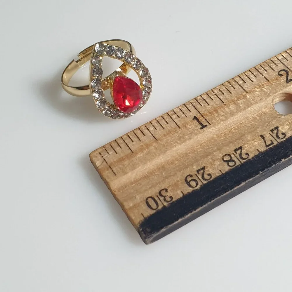 Gold Tone Open Adjustable Ring Red Gemstone Crystal Accents Tear Drop Mom Gift - Picture 3 of 5